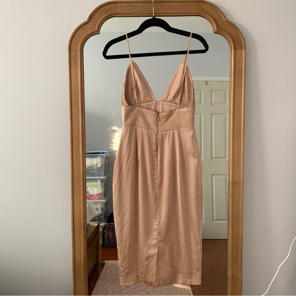 HOUSE OF CB Ronel Nude Tan Beige Champagne Gold Silky Satin Pin Tuck MIDI Dress - Picture 2 of 14
